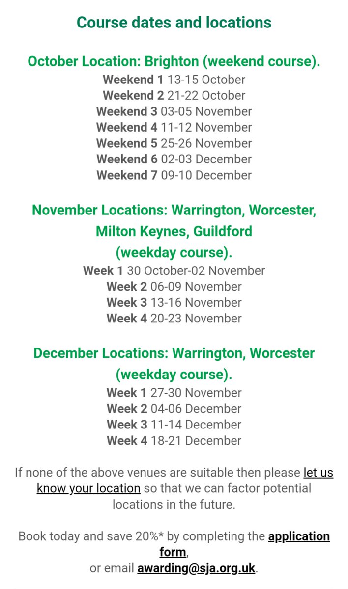 Richard Lee MBE CStJ QAM FIMC FCPara (@ceostjac) on Twitter photo Our <a href="/stjohnambulance/">St John Ambulance England</a> driving team have some October, November & December CERAD spaces available. Courses in Brighton, Warrington, Worcester, Milton Keynes & Guildford.
Weekday and weekend course options.... Our <a href="/stjohnambulance/">St John Ambulance England</a> driving team have some October, November & December CERAD spaces available. Courses in Brighton, Warrington, Worcester, Milton Keynes & Guildford.
Weekday and weekend course options....
