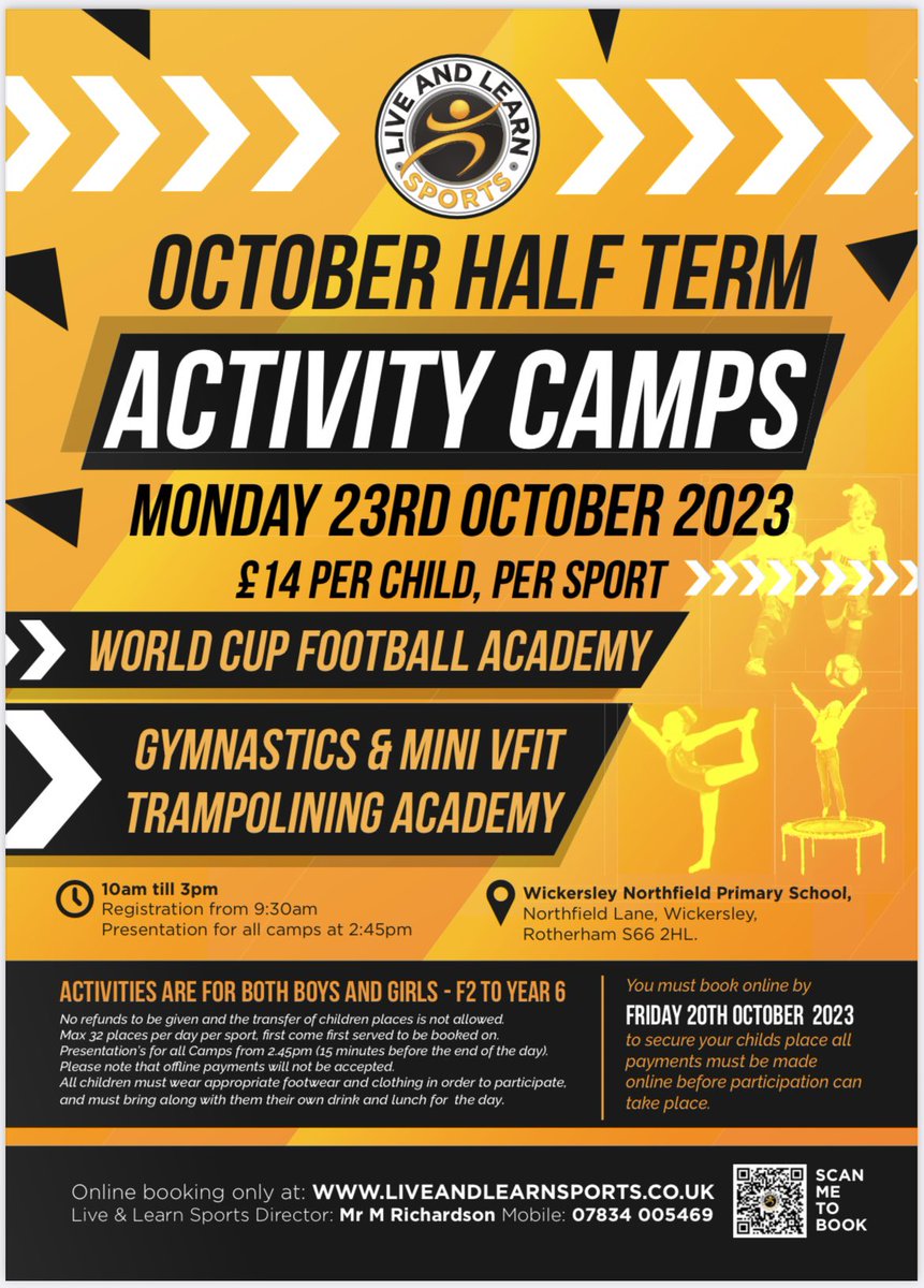 October Activity Camp ⚽️🤸🏽‍♀️
 
We are back with our first camp of 23/24, and we cannot wait to see you all. The holidays are fast approaching so book your place now.
We have our fantastic fun filled football and performing arts on offer!
Book now at:
liveandlearnsports.co.uk/book-a-course/
