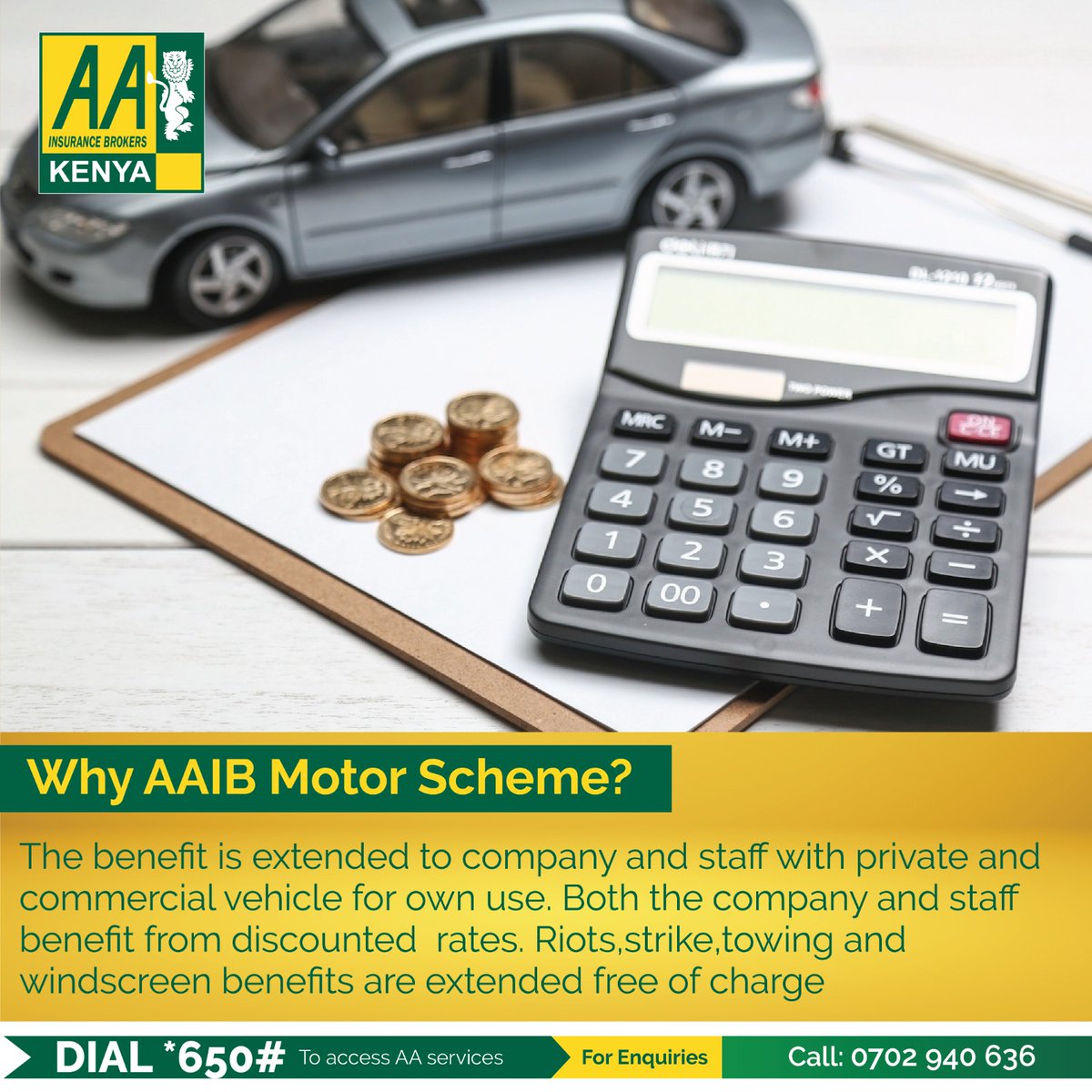 AAIB Motor Scheme benefits both companies and individuals with discounted rates and free coverage for riots, strikes, towing, and windscreen repairs. Choose AA Insurance Brokers for your peace of mind. Call us today on 0720940636
#AAIBCares #MotorScheme