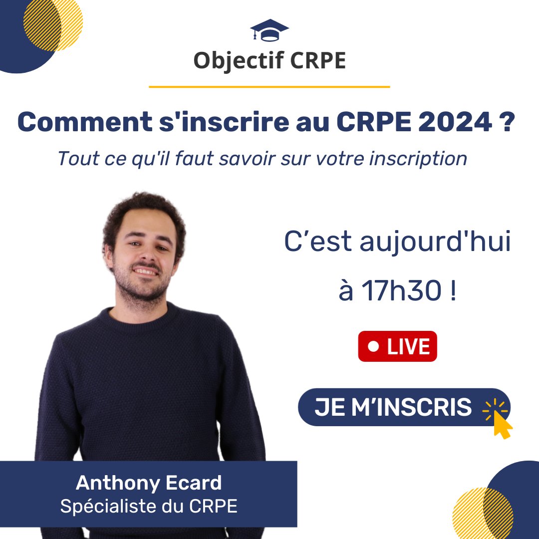 ObjectifCrpe's tweet image. 📢 Les inscriptions au CRPE 2024 débutent aujourd'hui à midi !
Vous avez jusqu'au 9 novembre pour vous inscrire.
Afin de vous aider à mieux comprendre les modalités d'inscription, nous organisons un live aujourd'hui à 17h30 👉 bit.ly/3LJR4wC
#crpe #inscriptioncrpe