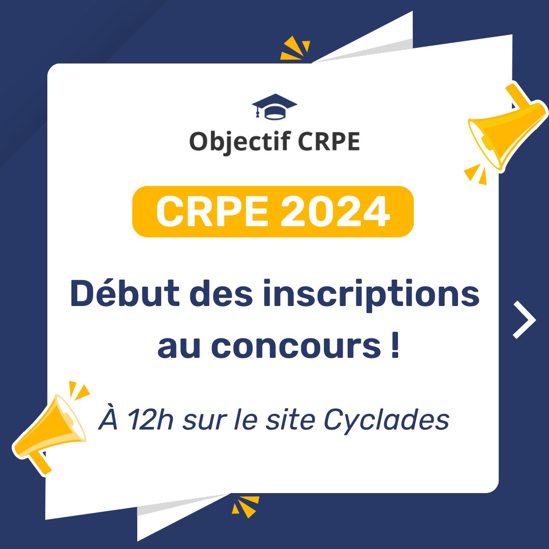 ObjectifCrpe's tweet image. 📢 Les inscriptions au CRPE 2024 débutent aujourd'hui à midi !
Vous avez jusqu'au 9 novembre pour vous inscrire.
Afin de vous aider à mieux comprendre les modalités d'inscription, nous organisons un live aujourd'hui à 17h30 👉 bit.ly/3LJR4wC
#crpe #inscriptioncrpe