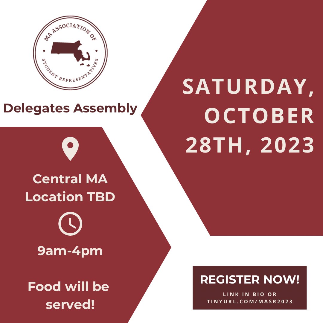 MAStudentReps's tweet photo. 🛎️ CALLING ALL STUDENT REPRESENTATIVES 🛎️

Registration is now officially open for student representatives in Massachusetts for the annual MASR Delegate Assembly on Saturday, October 28th!

Register: https://t.co/vXhXQVC5EL https://t.co/AhlsxRAeF0