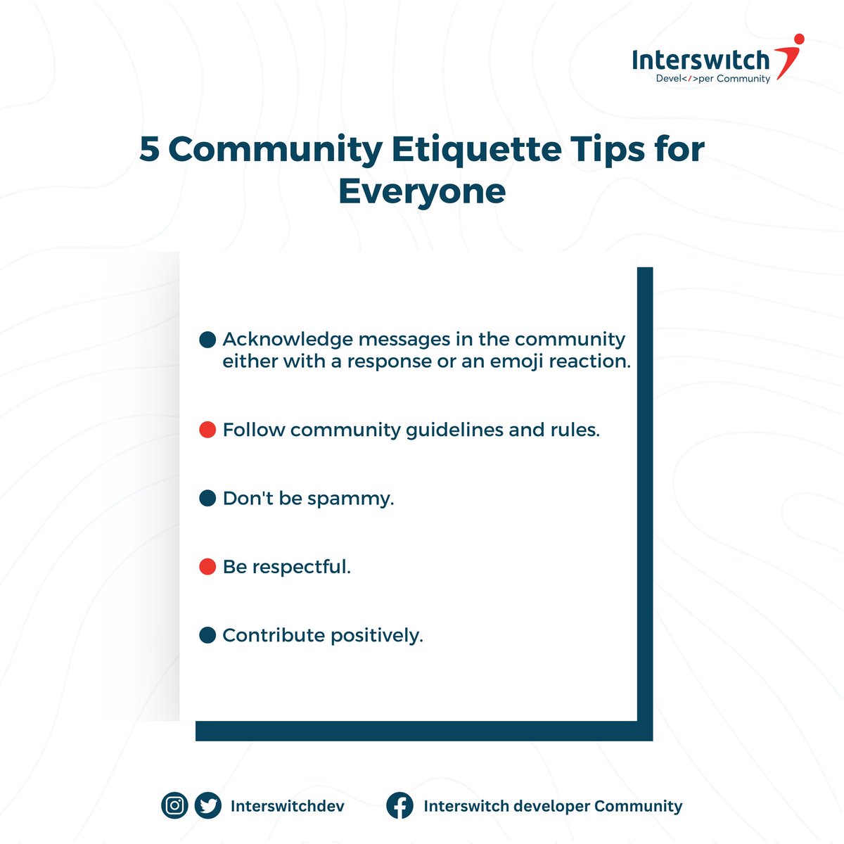 InterswitchDev's tweet image. Are you about to become a part of a new community? 🤗
Keep these tips in mind, and share them on to anyone who might benefit.
#interswitch
#interswitchdeveloper
#communityetiquette
#interswitchdevelopercommunity
#developercommunity