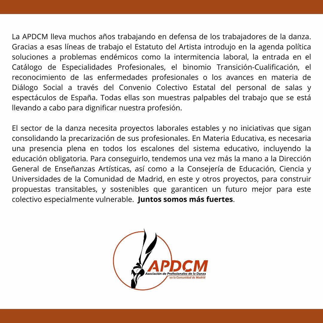 Con este comunicado queremos exponer nuestra postura ante el Proyecto Piloto de Auxiliares de Danza de la Comunidad de Madrid, valorando su puesta en marcha, pero aportando alternativas a una aplicación que ahonda en la precarización laboral de los profesionales de la danza.