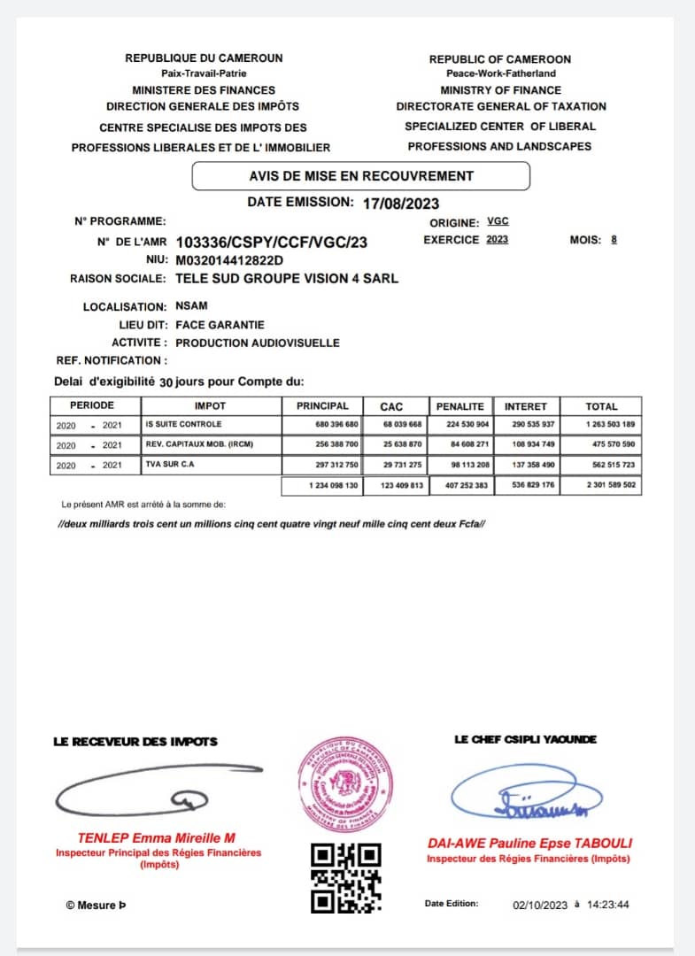 TheCameroonianZ's tweet photo. Les impôts réclament plus de 2 milliards de FCFA à Telesud - Jean Pierre Amougou Belinga. 🌿

#Cameroon https://t.co/db3q7LjHHz