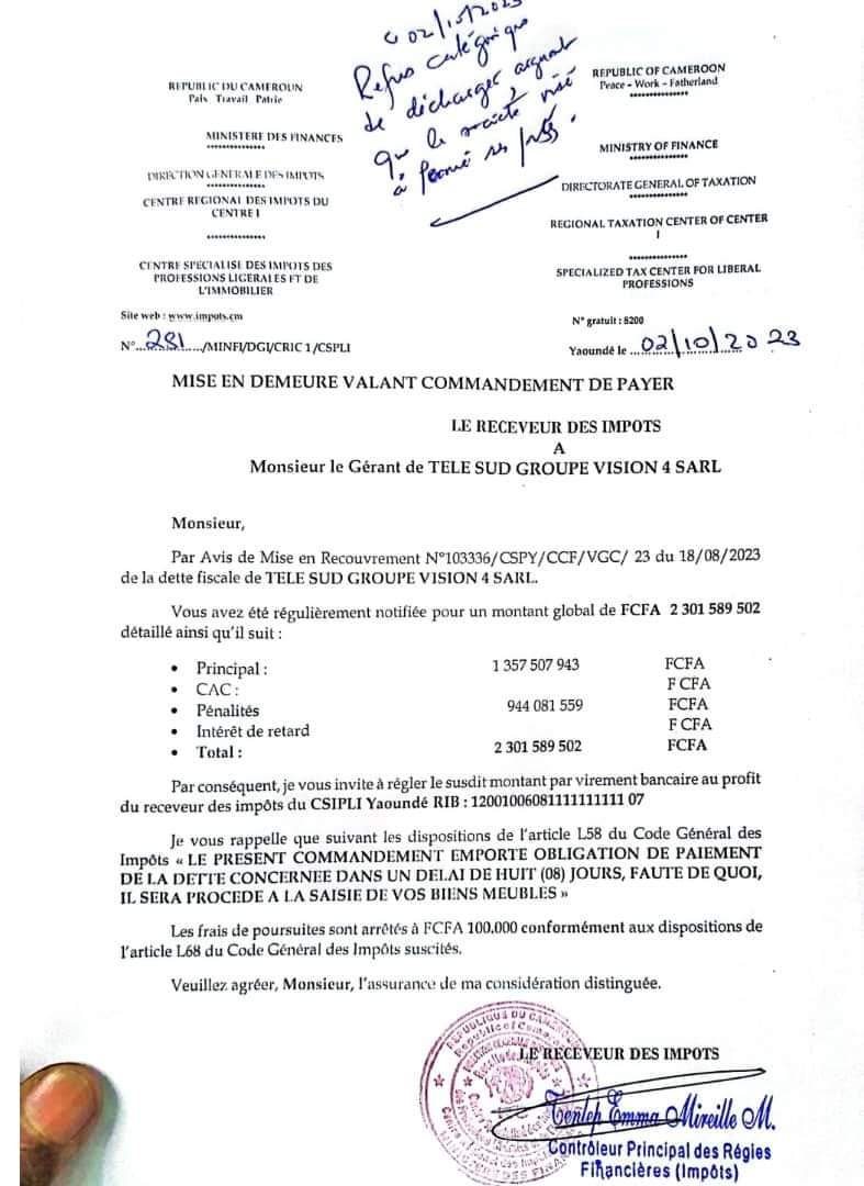 TheCameroonianZ's tweet photo. Les impôts réclament plus de 2 milliards de FCFA à Telesud - Jean Pierre Amougou Belinga. 🌿

#Cameroon https://t.co/db3q7LjHHz