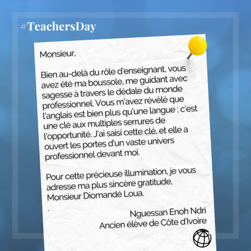 BM_Afrique's tweet photo. #WorldTeachersDay
Prenons ensemble le temps de dire :💫MERCI chers professeurs !💫

Des membres de l'équipe @BM_Afrique ont écrit une lettre à un enseignant qui a marqué leur scolarité.
Et vous ? Quels mots dédieriez-vous à l'enseignant qui a laissé une empreinte dans votre vie ?