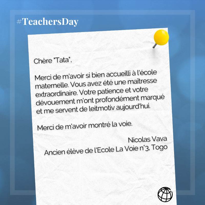 BM_Afrique's tweet photo. #WorldTeachersDay
Prenons ensemble le temps de dire :💫MERCI chers professeurs !💫

Des membres de l'équipe @BM_Afrique ont écrit une lettre à un enseignant qui a marqué leur scolarité.
Et vous ? Quels mots dédieriez-vous à l'enseignant qui a laissé une empreinte dans votre vie ?
