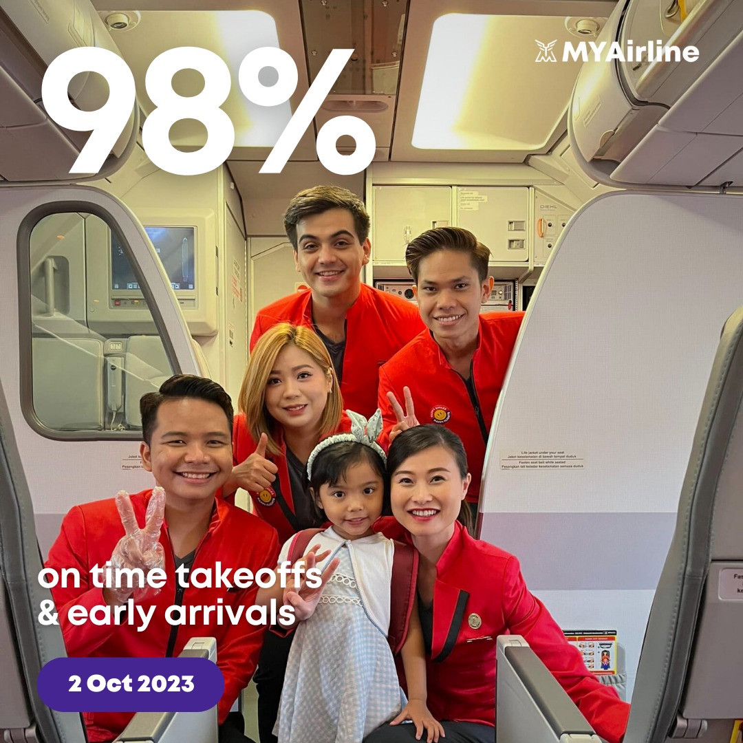 2 Oct: We’re always in a good mood when we fly you to your destination ✈️ - we're happy to share that most of our flights arrived on time or ahead of schedule yesterday! Thank you for flying with MYAirline 🥰
🛫 myairline.my

#myairline #yourexperiencematters