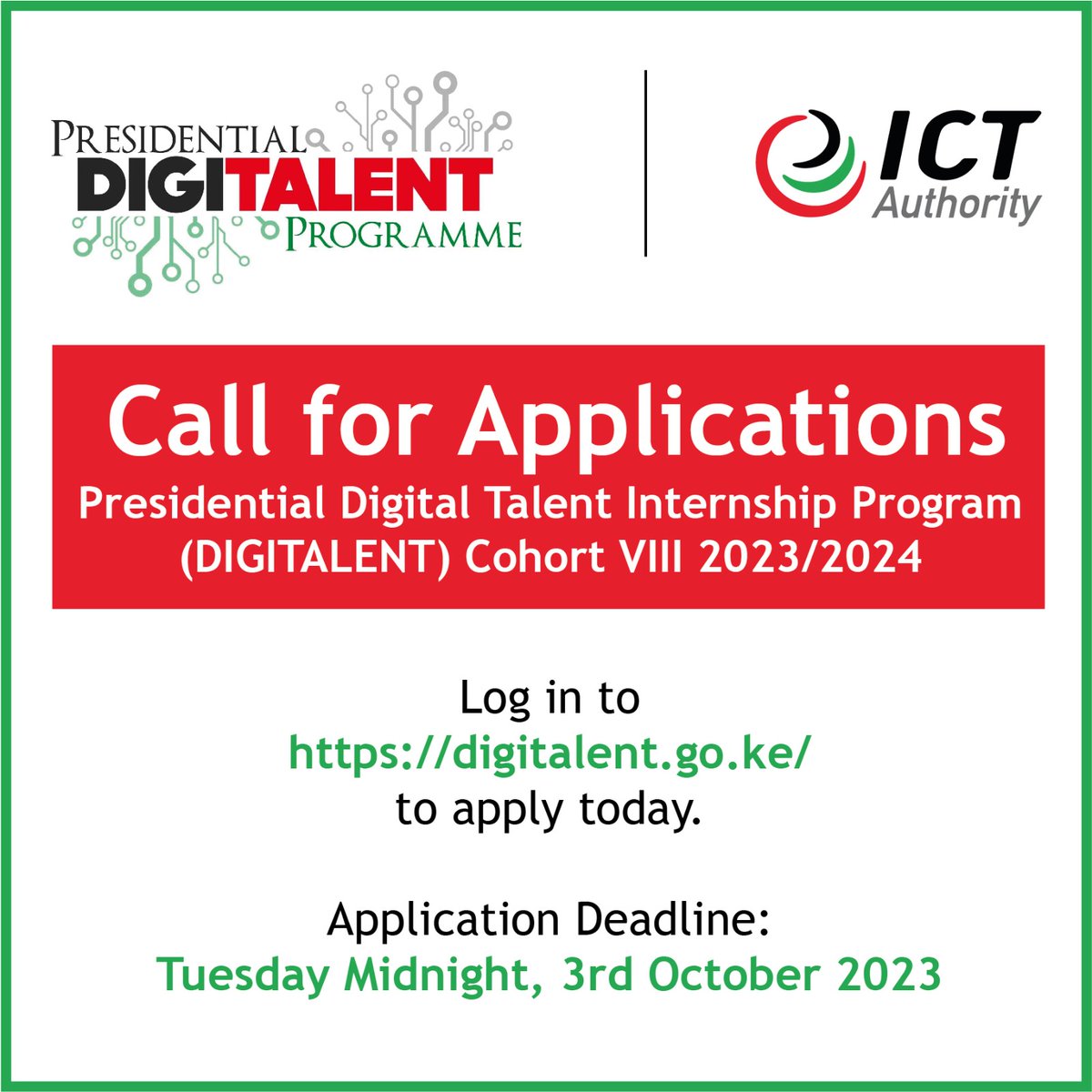 #OpportunityAlert 

FINAL CALL

Apply Today for the Presidential Digitalent Program Cohort VIII

recruitment.digitalent.go.ke

#Alert #Opportunity #IkoKazi #IkoKaziKe #EmploymentOpportunity #Vacancy #Technology #IT #DigitalTransformation