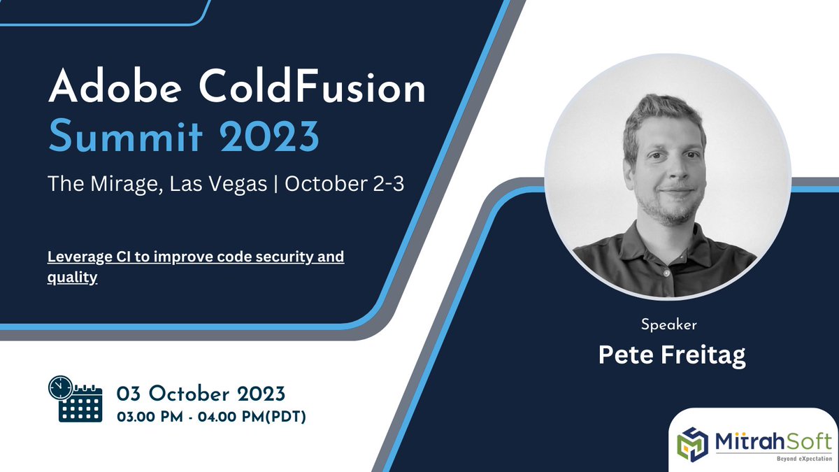 Leverage CI to improve code security and quality by <a href="/pfreitag/">Pete Freitag</a> at 03.00 Pm - 04.00 Pm(PDT)

#CFSummit2023 #adobe #coldfusion #cf2023 #innovation #summit #cfsummit #LasVegas