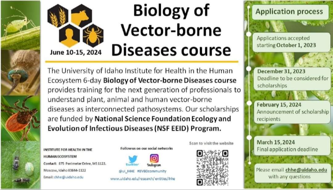 Applications are opened! - Biology of Vector-borne Diseases course 2024 at the University of Idaho, USA 🇺🇸.uidaho.edu/research/entit…

Accepted applicants will be evaluated for scholarships. This year, the National Science Foundation (NSF) funds their scholarships to support