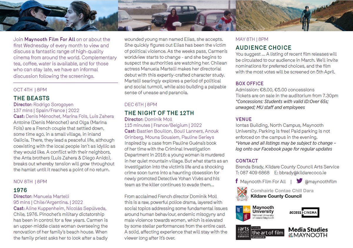 We are delighted to be back in Iontas theatre for the 2023-24 season, beginning tomorrow night, 4 October, at 8pm, with the excellent Spanish-French co-production The Beasts (As bestas; 2022), a thriller set in the León region of northern Spain. Details attached.