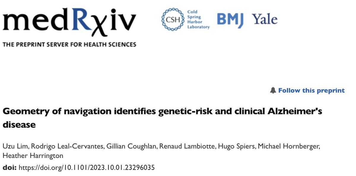 Latest @seaheroquest preprint (yes another one!) 'Geometry of #navigation identifies genetic-risk and clinical #Alzheimer's disease' A collaboration between @m_hornberger & me, and the team at the Mathematical Institute, University of Oxford: medrxiv.org/content/10.110…