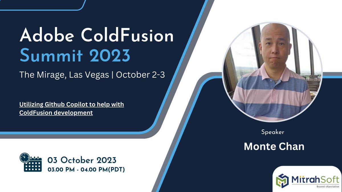 Utilizing Github Copilot to help with ColdFusion development by Monte Chan at 03.00 Pm - 04.00 Pm(PDT)

#CFSummit2023 #adobe #coldfusion #cf2023 #innovation #summit #cfsummit #LasVegas