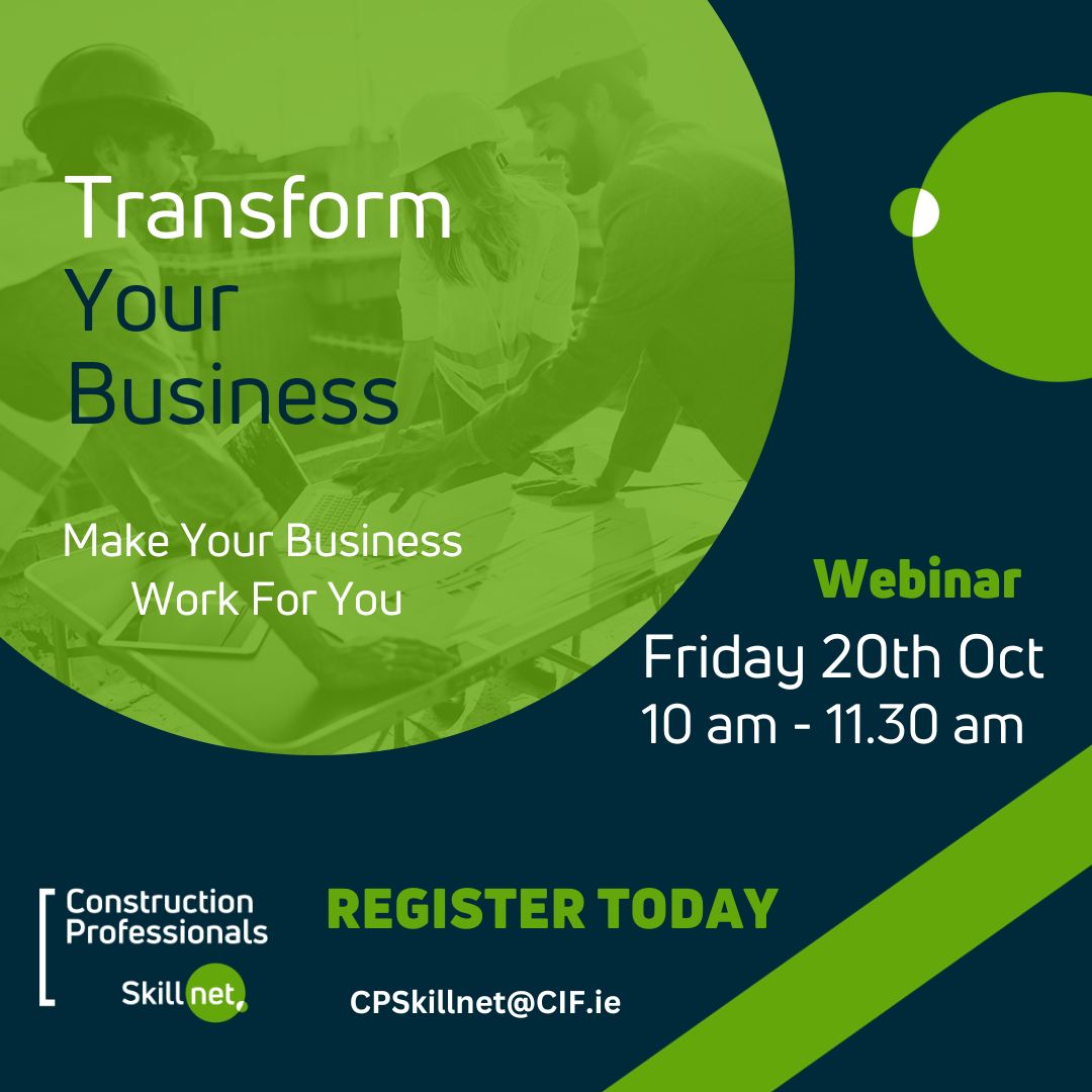 Construction Professionals Skillnet (@cpskillnet) on Twitter photo Don't miss out! We're on the countdown to the FREE #TransformYourBusiness Webinar with <a href="/smematters/">Damien O'Brien</a>
For owners of s/m sized construction co. Learn how to work on your biz, not just in your biz.
📅 20th Oct, 10 - 11.30am
🎯 Book: cpskillnet.ie/training/trans… or mail cpskillnet@cif.ie Don't miss out! We're on the countdown to the FREE #TransformYourBusiness Webinar with <a href="/smematters/">Damien O'Brien</a>
For owners of s/m sized construction co. Learn how to work on your biz, not just in your biz.
📅 20th Oct, 10 - 11.30am
🎯 Book: cpskillnet.ie/training/trans… or mail cpskillnet@cif.ie