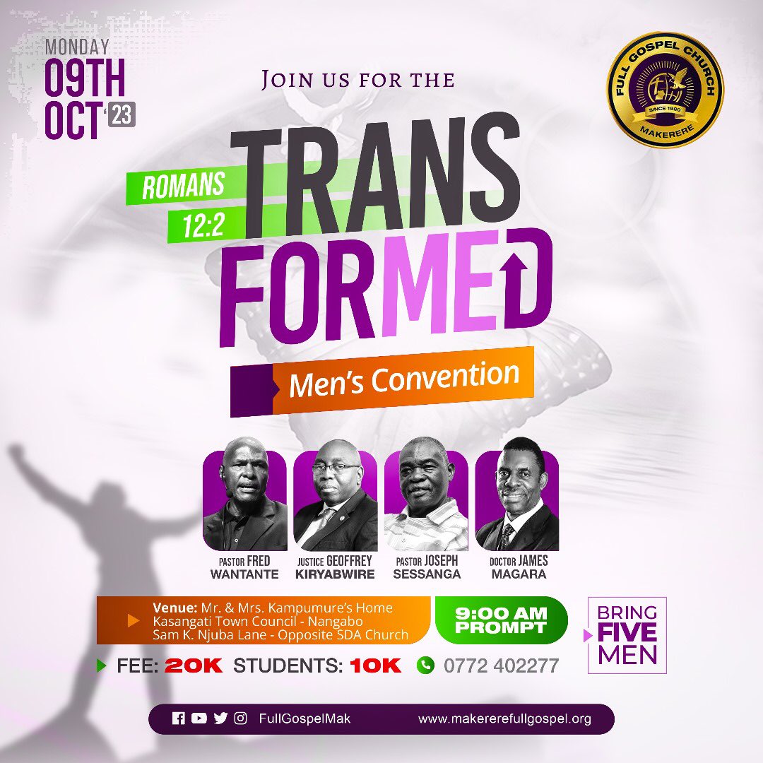 FullGospelMak's tweet photo. WHO IS A REAL MAN?
A real man is accountable, sacrificial, faithful and takes initiative.
Learn all these and more in the Men's Convention happening on 9th. Oct, from 9am.
For more info, call 0772402277
#Invite5Men
#MensConvention
#ResetAndRestart https://t.co/m66YghlKYq