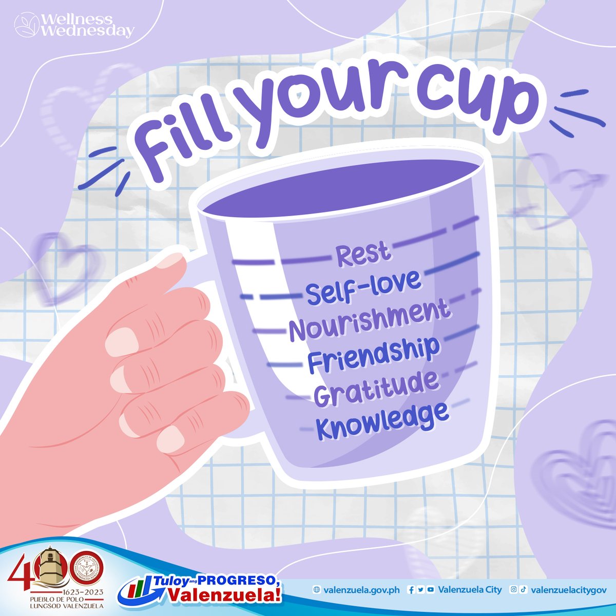 valenzuelacity's tweet photo. #WellnessWednesday: If your cup is empty, you won't have energy for the demands of your life.

Make time for things that will reduce your stress so you can have the energy to do the things you love. https://t.co/jglMELKDxo