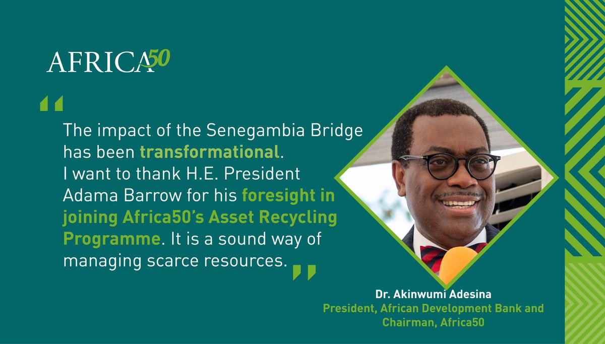 "The impact of the #Senegambia Bridge has been transformational. I want to thank H.E. President <a href="/BarrowPresident/">President Barrow</a> for his foresight in joining Africa50’s #AssetRecycling programme". <a href="/akin_adesina/">Dr. Akinwumi A. Adesina, CON, CGH</a>, President of <a href="/AfDB_Group/">African Development Bank Group</a> during the signing of the Shareholders Agreement.