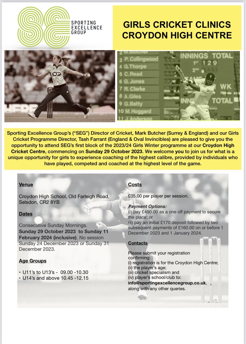 🚨🚨 <a href="/SEG_Coaching/">SEG</a> girls Croydon cricket hub is back. We are excited to begin our second winter girls cricket programme at the wonderful facility of <a href="/CroydonHighPE/">Croydon High Sport</a> Details 👇. Don’t miss this opportunity to sign up!