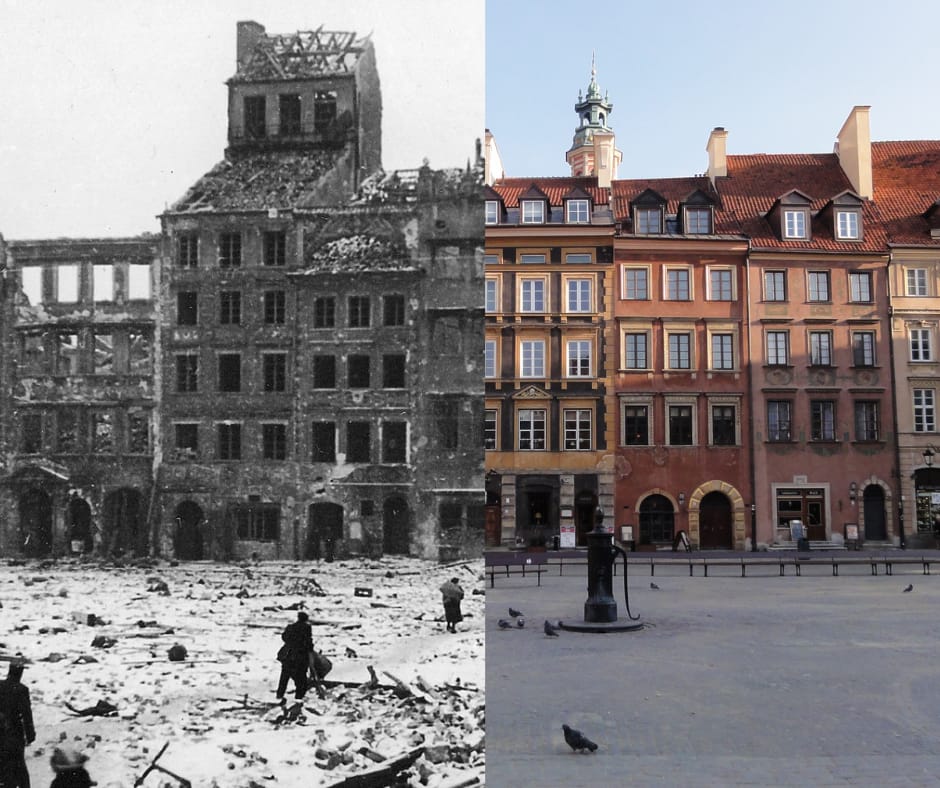 🇵🇱 Yesterday, 79 years ago, the Warsaw Uprising ended when the Polish army had to surrender to the German troupes. The Uprising was emblematic of the Polish resistance against Nazi Germany.

📸 In the pic, before&amp;after WW2 image of the Old Town Square in Warsaw. 

© Wikimedia