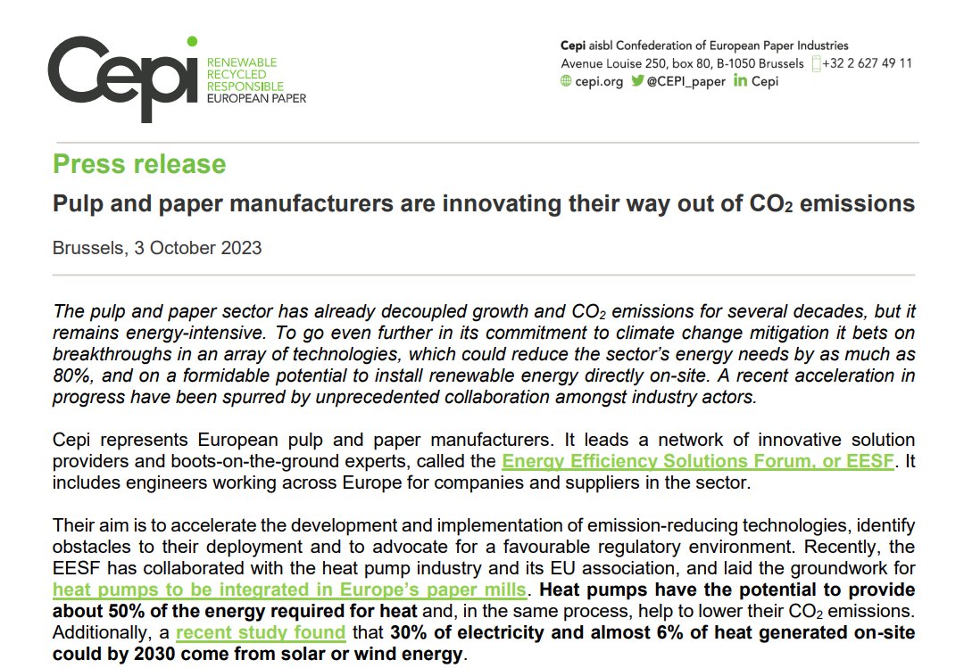 Pulp and paper is innovating its way out of #CO2emissions✅ like no other manufacturing sector before. A recent acceleration⏩ in progress have been spurred by unprecedented collaboration amongst industry actors.
👉tinyurl.com/ke7rv8z2
#EU #ETS #Climate #ClimateSolution