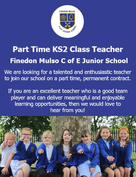 We are looking for an excellent teacher to join our team at Finedon Mulso CofE Junior School on a part time basis. If you would like more information please visit finedon.northants.sch.uk/about-us/job-v…