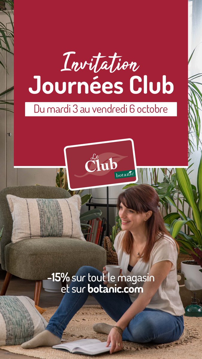 À partir d'aujourd’hui et jusqu’à vendredi, ce sont les Journées Club dans nos magasins botanic®. Faites-vous plaisir avec l’arrivée de l’automne et bénéficiez d’une remise de 15 % sur tout le magasin et sur botanic.com 🌿🍁🌱 #Autumnvibes #Plantlover