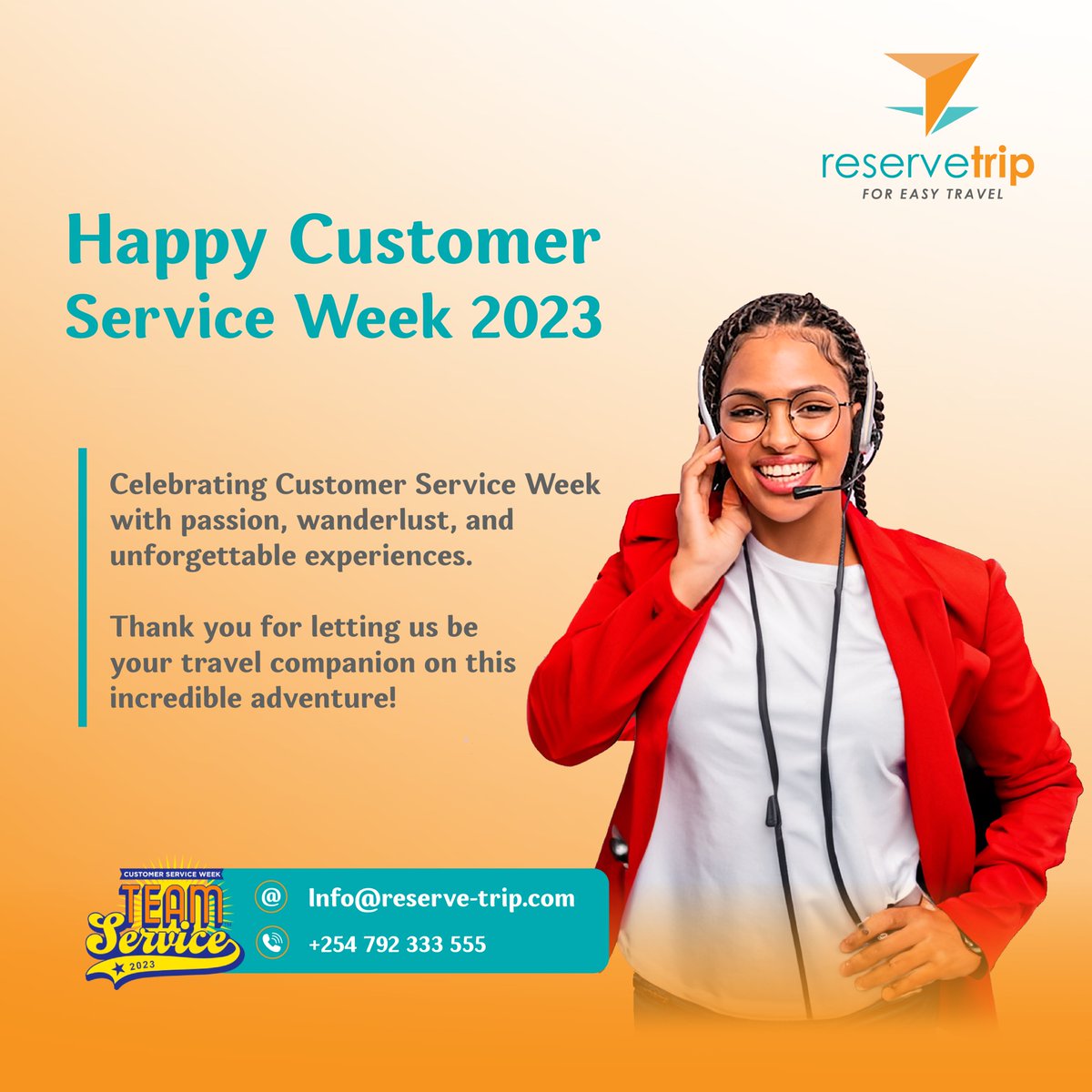 Happy Customer Service Week!  At Reserve-Trip, our team is dedicated to making your travel adventure unforgettable.  We're here to serve you with a smile, and we can't wait to cater for your travel experience #CSWeek2023 #ReserveTrip #Easytravel #travelsolutions