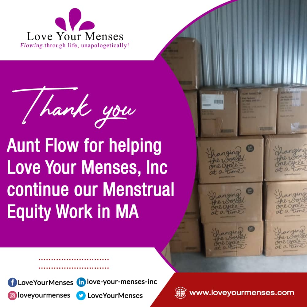 Love Your Menses acknowledges Aunt Flow for their immense support in providing period products to reach out to communities, schools and libraries. 
#auntflow
#menstrualhygiene
#menstrualhygienemanagment
#menstrualhygieneawareness
#menstrualproducts
#massachusetts
