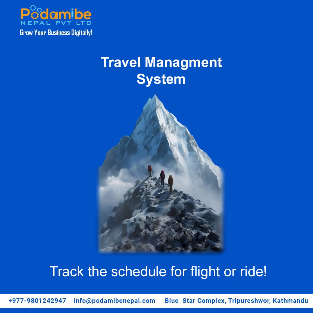 Travel Management System
Track the schedule for a flight or ride!

#podamibenepal #travelmanagementsystem #websitedevelopment #webapplication #softwaredevelopment #itsolutions #databasemanagement #ecommercesolution #mobileappdevelopment