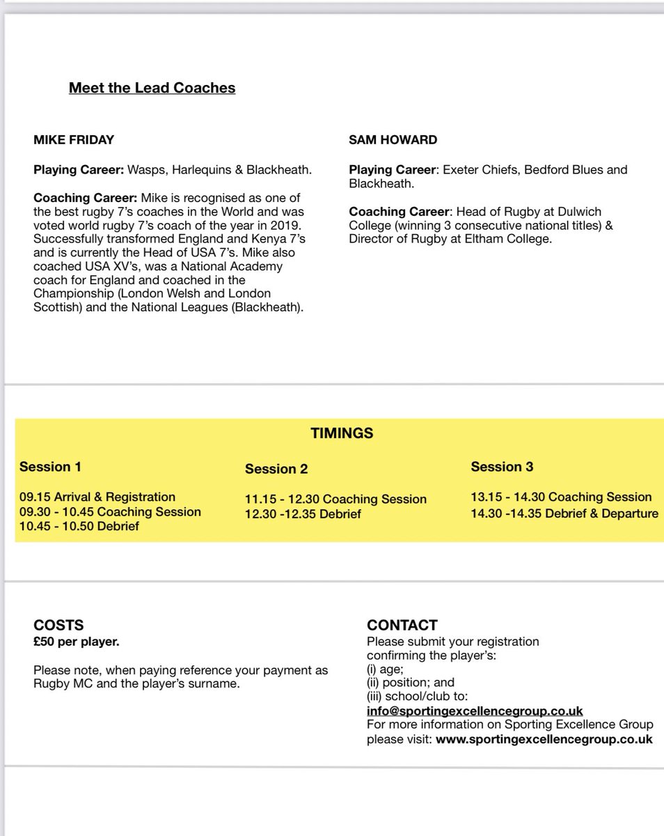 🚨🚨 <a href="/SEG_Coaching/">SEG</a> rugby is kicking off this season’s 2023/24 programme on 25 October with the third in the sequence of our very successful masterclasses. Details 👇. Spaces are limited so sign up now and come and check us out.