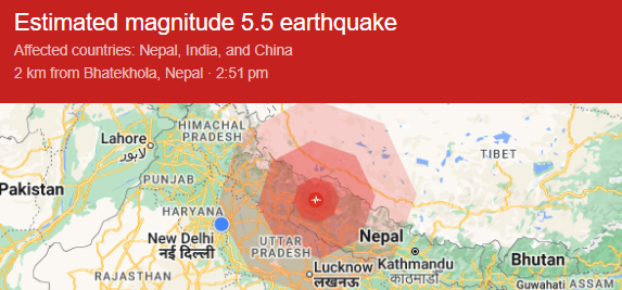 SarkariSystem's tweet photo. Tremors felt in Delhi NCR region, the magnitude of earthquake is 5.5 with origin in Nepal. #earthquake https://t.co/DQHWPevCGJ