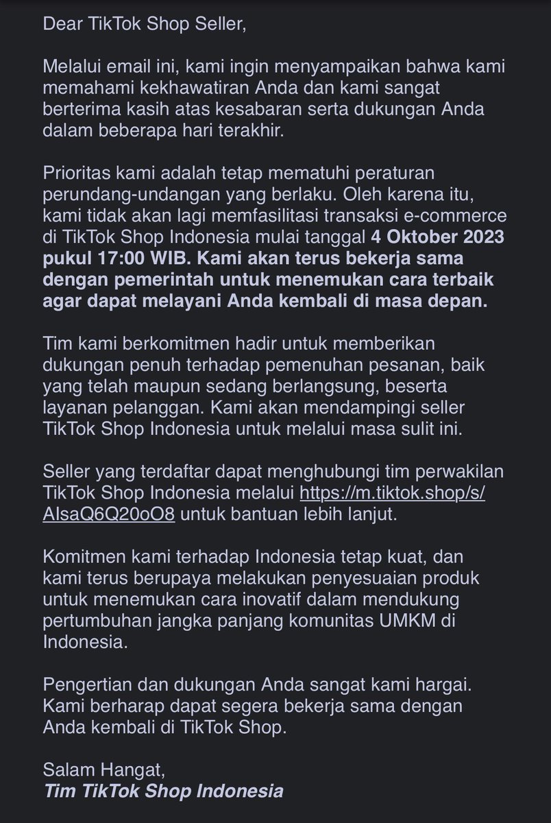 Per besok, 4 Oktober 2023 Tiktok akan menghentikan fasilitas transaksi e-commercenya nih guys.

Kalau kamu salah satu seller atau affiliate di Tiktok, kira2 apa langkahmu selanjutnya nih guys? 😉