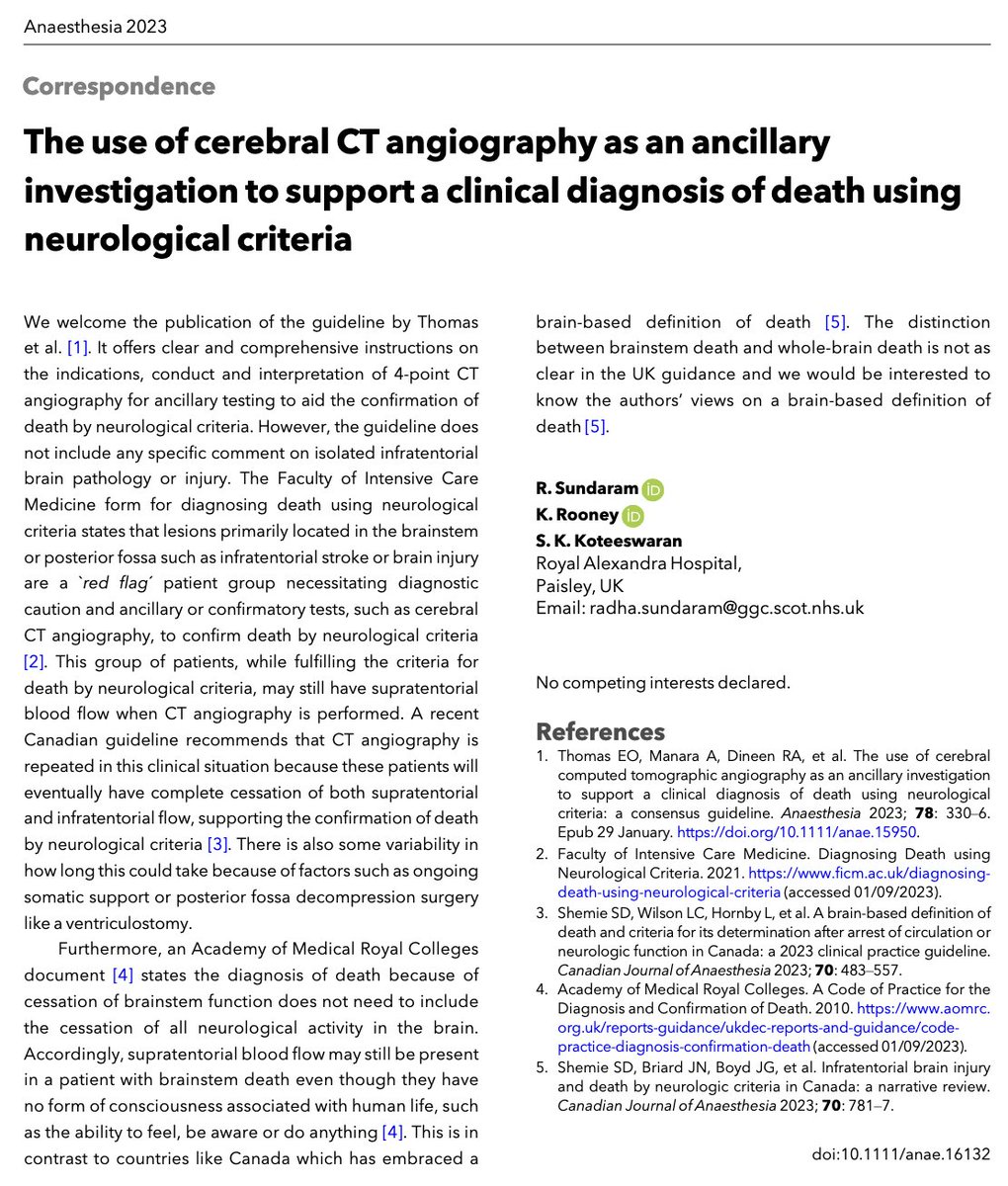🔓The use of cerebral CT angiography as an ancillary investigation to support a clinical diagnosis of death using neurological criteria.

"The distinction between brainstem death and whole-brain death is not as clear in the UK guidance..."

🔗…-publications.onlinelibrary.wiley.com/doi/10.1111/an…