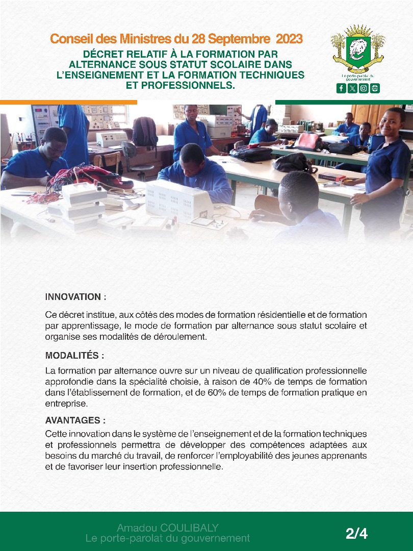 PPGouvCI's tweet photo. #ConseilDesMinistresCI
📷𝐃𝐞́𝐜𝐫𝐞𝐭 𝐫𝐞𝐥𝐚𝐭𝐢𝐟 𝐚̀ 𝐥𝐚 𝐟𝐨𝐫𝐦𝐚𝐭𝐢𝐨𝐧 𝐩𝐚𝐫 𝐚𝐥𝐭𝐞𝐫𝐧𝐚𝐧𝐜𝐞 𝐬𝐨𝐮𝐬 𝐬𝐭𝐚𝐭𝐮𝐭 𝐬𝐜𝐨𝐥𝐚𝐢𝐫𝐞 𝐝𝐚𝐧𝐬 𝐥’𝐞𝐧𝐬𝐞𝐢𝐠𝐧𝐞𝐦𝐞𝐧𝐭 𝐞𝐭 𝐥𝐚 𝐟𝐨𝐫𝐦𝐚𝐭𝐢𝐨𝐧 𝐭𝐞𝐜𝐡𝐧𝐢𝐪𝐮𝐞𝐬 𝐞𝐭 𝐩𝐫𝐨𝐟𝐞𝐬𝐬𝐢𝐨𝐧𝐧𝐞𝐥𝐬.📷
#MICEN https://t.co/AlBvUflaUw