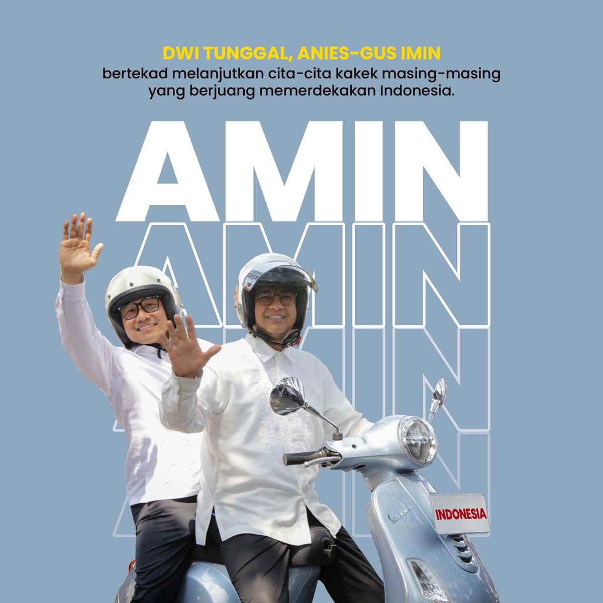 Pasangan Dwi Tunggal Anies - Muhaimin (AMIN) siap melanjutkan cita - cita leluhur untuk memerdekakan Indonesia dari segala bentuk ketergantungan. 

#DwiTunggalAMIN
#AniesMuhaimin2024
