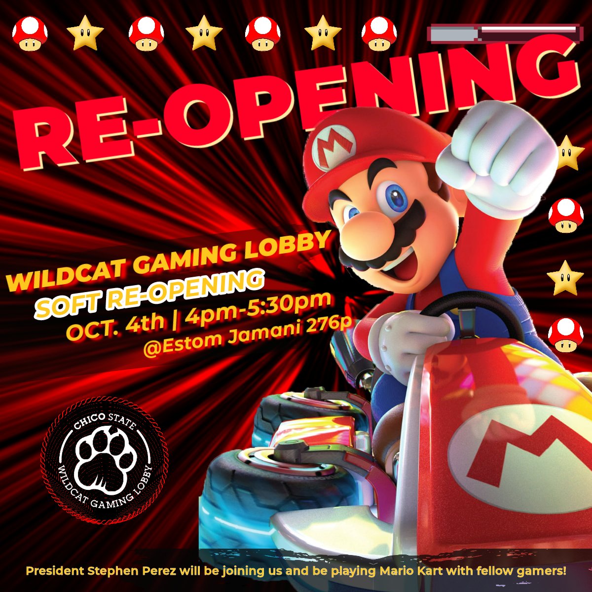 csucgaming's tweet photo. Hello wildcats! We are really excited to announce the Re-opening of the Wildcat Gaming lobby on the second floor of The Hub on October 4th. 4pm- 5:30pm. We'll also be joined by our NEW Chico State President for some games!. Come join us,  we have free food, prizes and give-aways! https://t.co/GPOE2dL9px