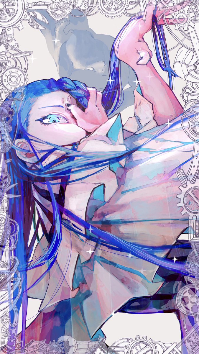long hair blue hair blue eyes looking at viewer solo sparkle forehead mark  illustration images