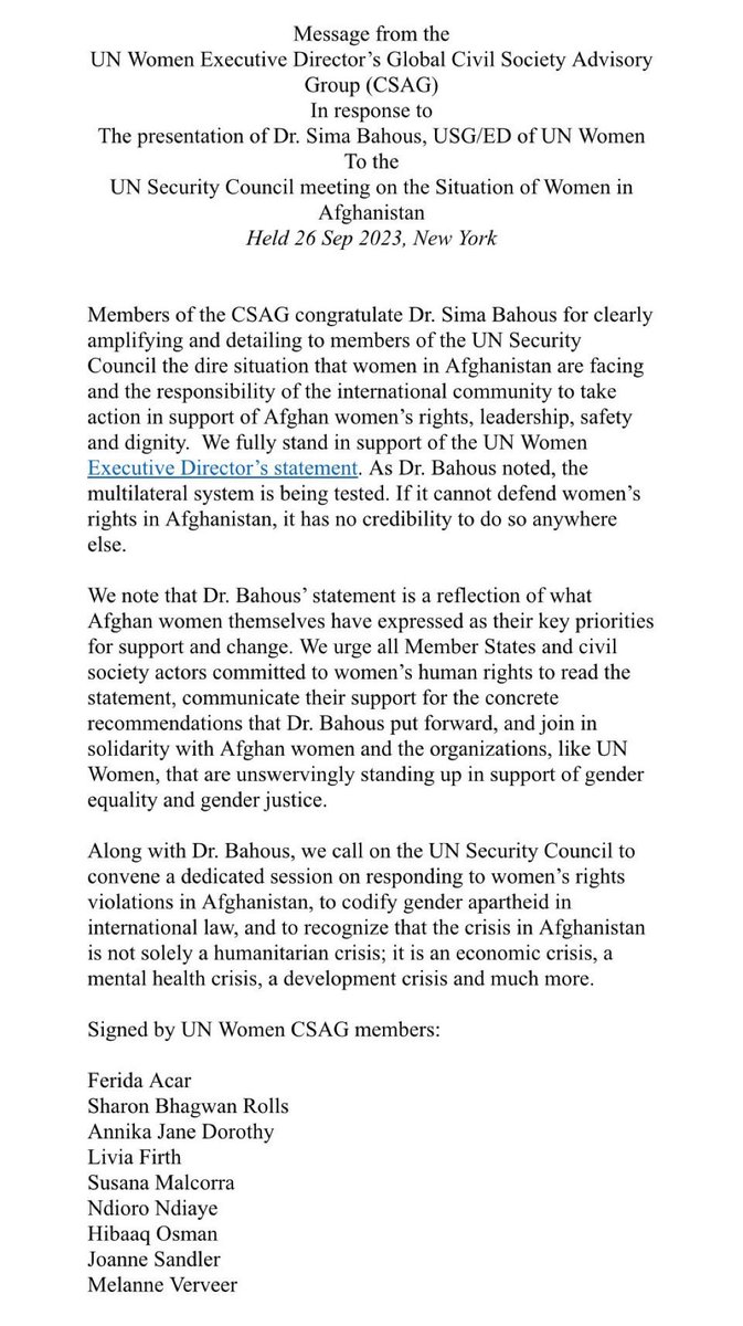 The UN Women Executive Director’s Global Civil Society Advisory Group applauds Dr. Sima for her impassioned plea at the UN Security Council. Afghan women's rights, safety, dignity are non-negotiable. We stand united to support this and call on the world to do the same @UN_Women