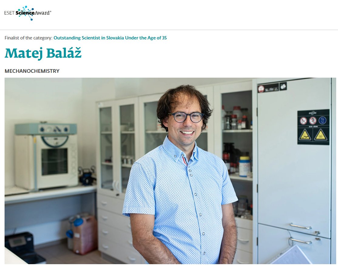 It is a great honor for me to be selected among five finalists of the prestigious ESET Science Award 2023 in the category OUTSTANDING SCIENTIST IN SLOVAKIA UNDER THE AGE OF 35 again after two years. 

esetscienceaward.sk/en/finalists/m…

<a href="/ESET/">ESET</a> <a href="/AkademiaVied/">SAV</a> <a href="/Mechanochem/">Mechanochemistry</a>