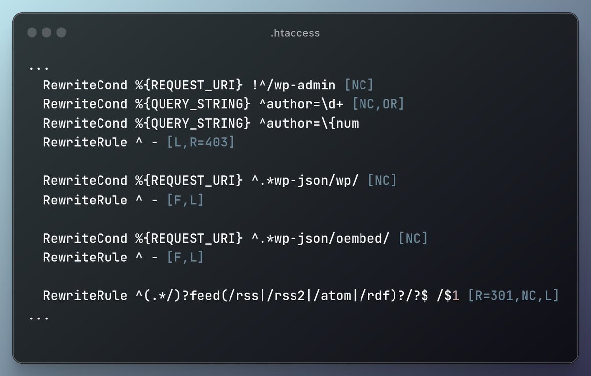 Mr_RedSmasher's tweet photo. Parte de .htaccess que hemos montado en un cliente para evitar la enumeración de users en WP (evita codigo y plugins).
Importante tener claro antes que REST no se utiliza, los rss, etc. Sinó dejarás un parte sin servicio.
#wpscan #wordpress #userenum #hacking https://t.co/1S3tcLypu1