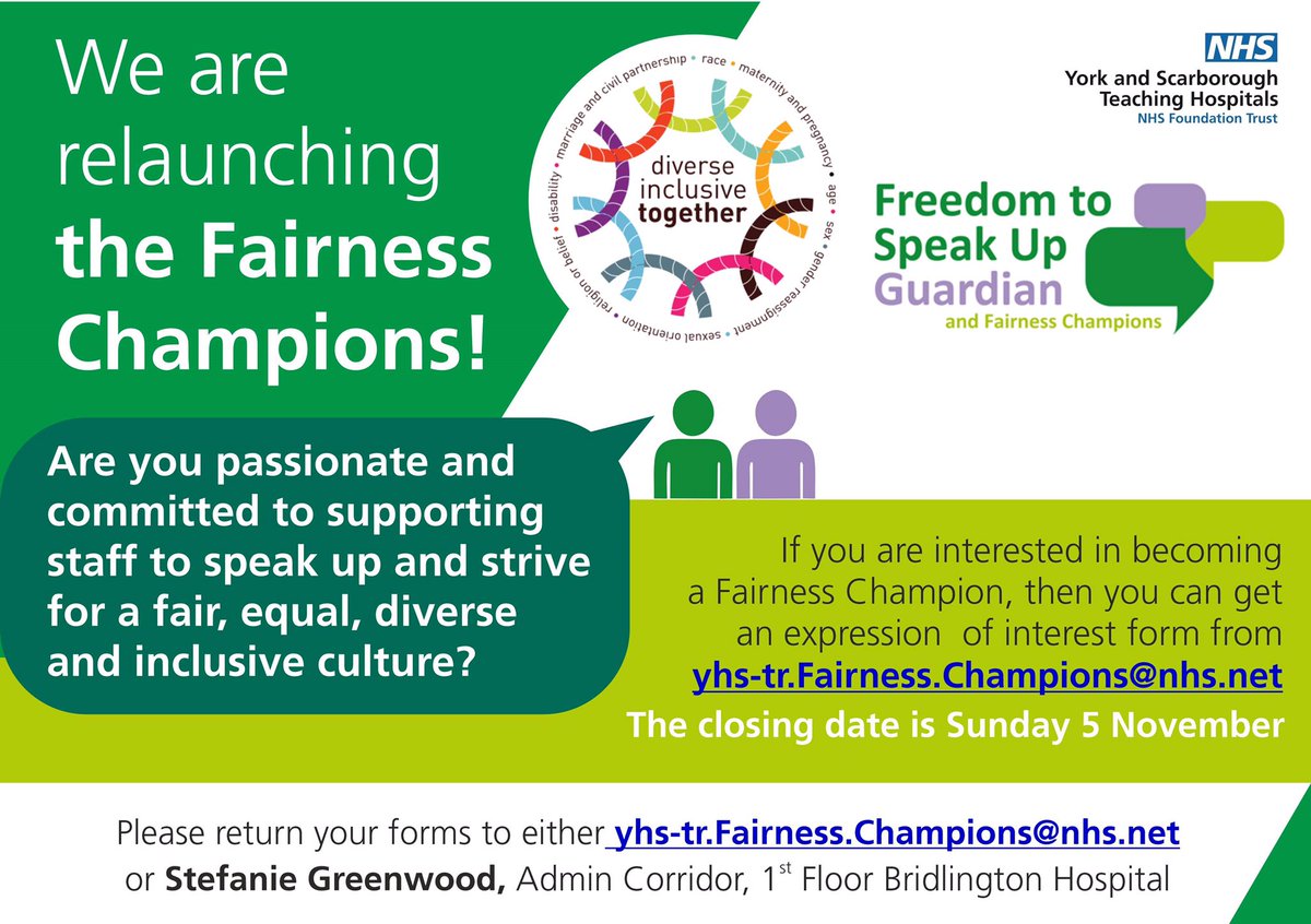 Would you like to be a Fairness Champion? We are on the lookout for new FCs to support the work of the Freedom To Speak Up Guardian and EDI Lead. #SpeakUpMonth @NatGuardianFTSU @YSTeachingNHS