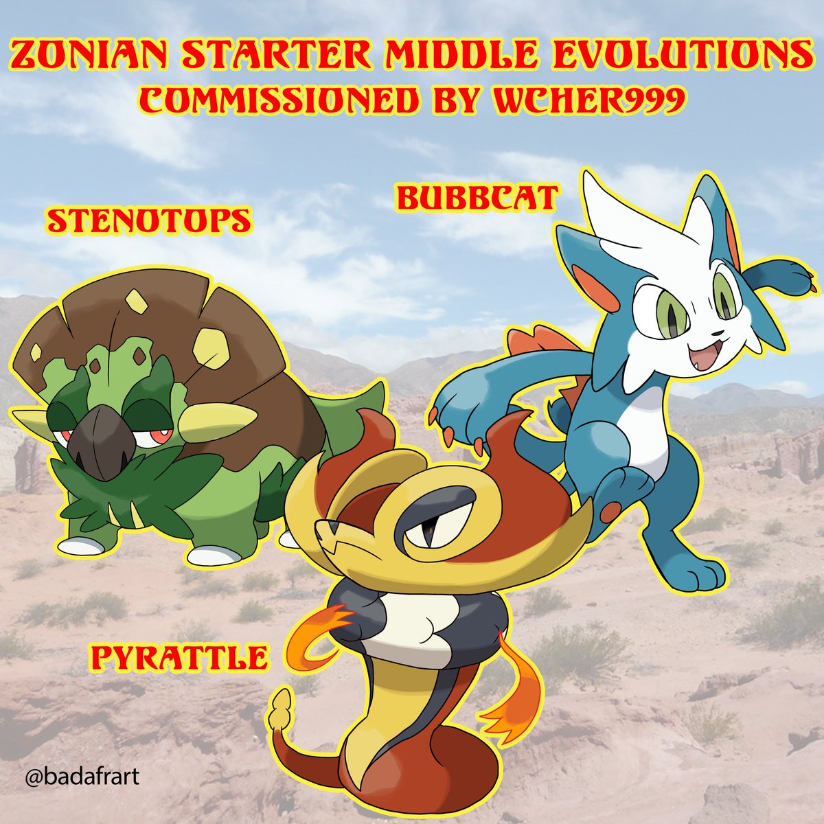 Meet the Zonian Starters Middle evolution!
Commissioned from @wcher999
#fakemon #fakémon #fakemons #fakemonart #fakemondex #fakemondesign #fakemonregion #fakemonartist #fakemonstarters #fakemonchallenge #kensugimori #kensugimoriart #kensugimoristyle