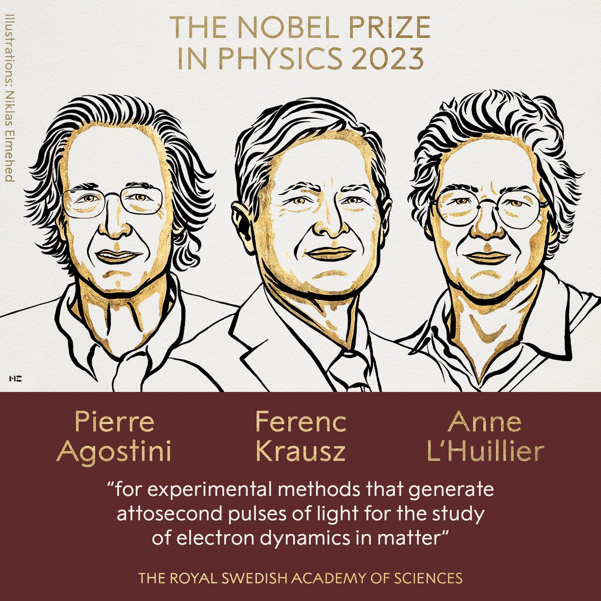 BREAKING NEWS
The Royal Swedish Academy of Sciences has decided to award the 2023 #NobelPrize in Physics to Pierre Agostini, Ferenc Krausz and Anne L’Huillier “for experimental methods that generate attosecond pulses of light for the study of electron dynamics in matter.”