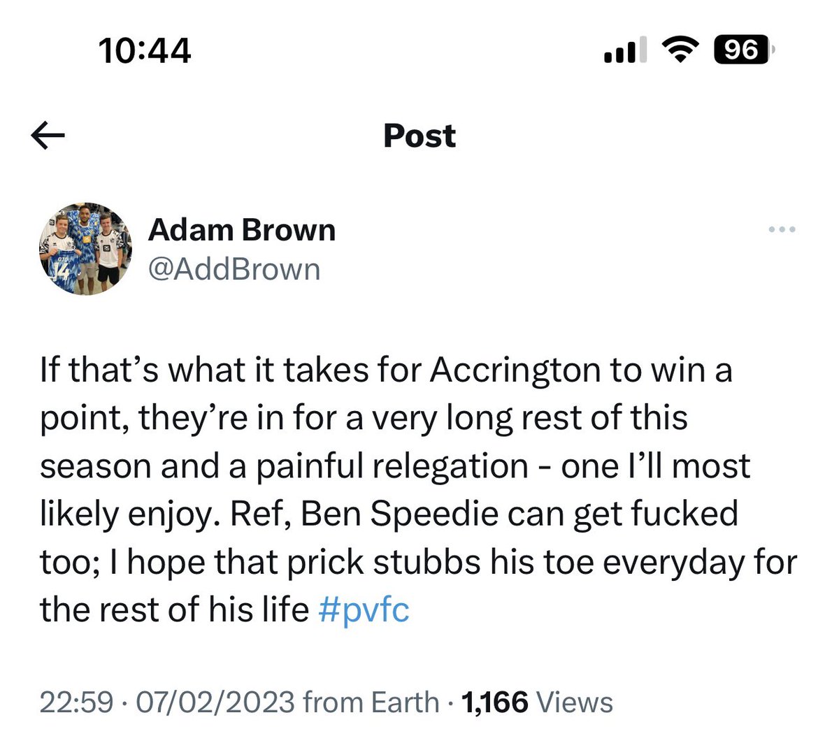 AddBrown's tweet photo. @OfficialPVFC I hope he has a very sore toe 😂
Don’t hold out much hope for a refereeing masterclass tonight #pvfv https://t.co/oabde1v5bC