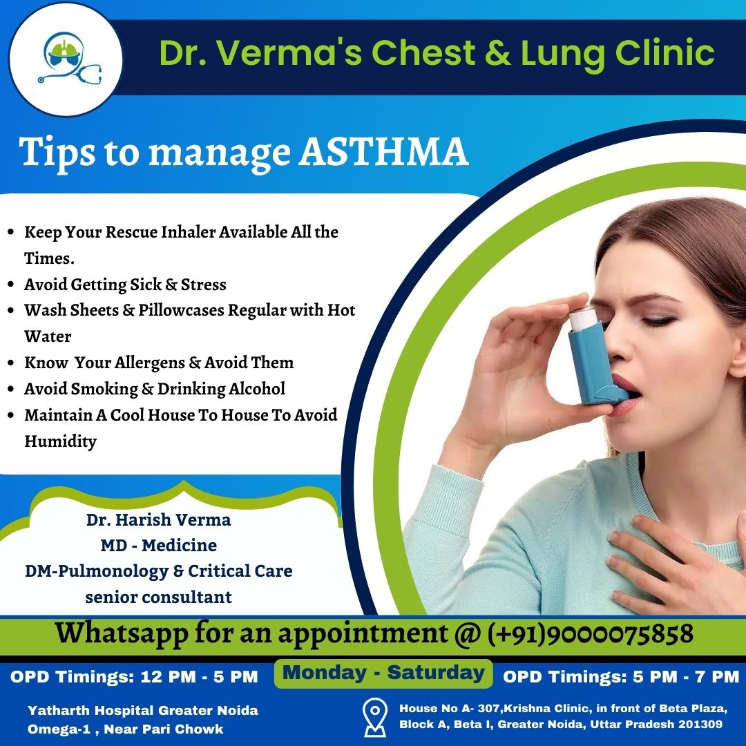 chestandlung's tweet photo. Tips to manage ASTHMA
📷Keep Your Rescue Inhaler Available All the Times.
📷Avoid Getting Sick &amp; Stress
📷Wash Sheets &amp; Pillowcases Regular with Hot Water
📷Know  Your Allergens &amp; Avoid Them
📷Avoid Smoking &amp; Drinking Alcohol

#DrHarishVerma #DrVermasChestandLungClinic https://t.co/bb9LhLQEAM