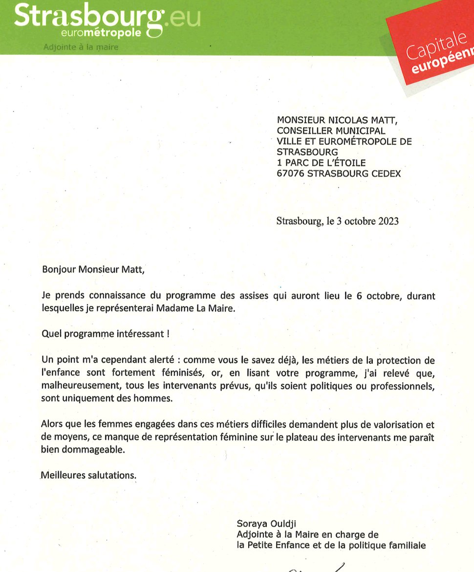 ➡️ Vendredi auront lieu les Assises de la #protectionDeLenfance en Alsace.
Et,alors qu'une forte majorité des professionnels du secteur sont des femmes: 
L'intégralité des intervenants sont des hommes !!🤦🏻‍♀️
J'ai alerté Mr Matt,élu sur ce sujet #cea  
Voyons s'il corrigera cela ...