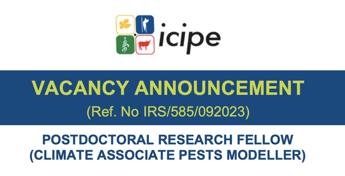 We are looking to hire a #PostdoctoralFellow to model crop #pests in association with climate, and integrate the model into an existing decision support platform. For detailed info & application, visit here: recruit.icipe.org/description_of…
#jobopportunity #vacancy #hiringalert #hiring