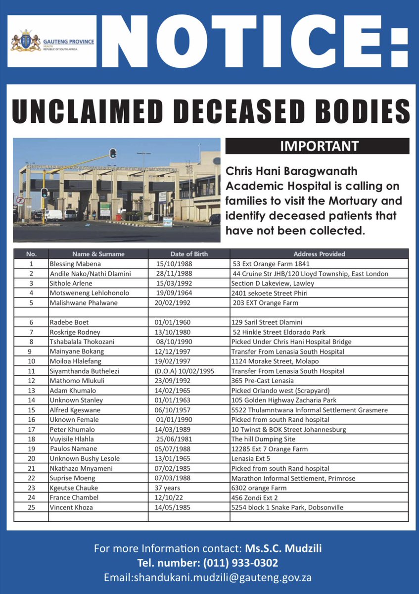 HaniAcademic's tweet photo. UNCLAIMED DECEASED BODIES 

CHRIS HANI BARAGWANATH ACADEMIC HOSPITAL IS CALLING ON FAMILIES TO VISIT THE MORTUARY AND IDENTIFY DECEASED PATIENTS THAT HAVE NOT BEEN COLLECTED.

For more information contact Ms Mudzili on 011 933 0302 https://t.co/r2t71MRlYO
